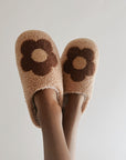 Brown Flower Power Plush Slippers | Size 6-7 - BOXFOX