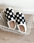 Black Checkered Plush Slippers | Size 9-10 - BOXFOX