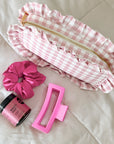 Large Pink Gingham Ruffle Pouch with hair clip, beauty dust and scrunchie