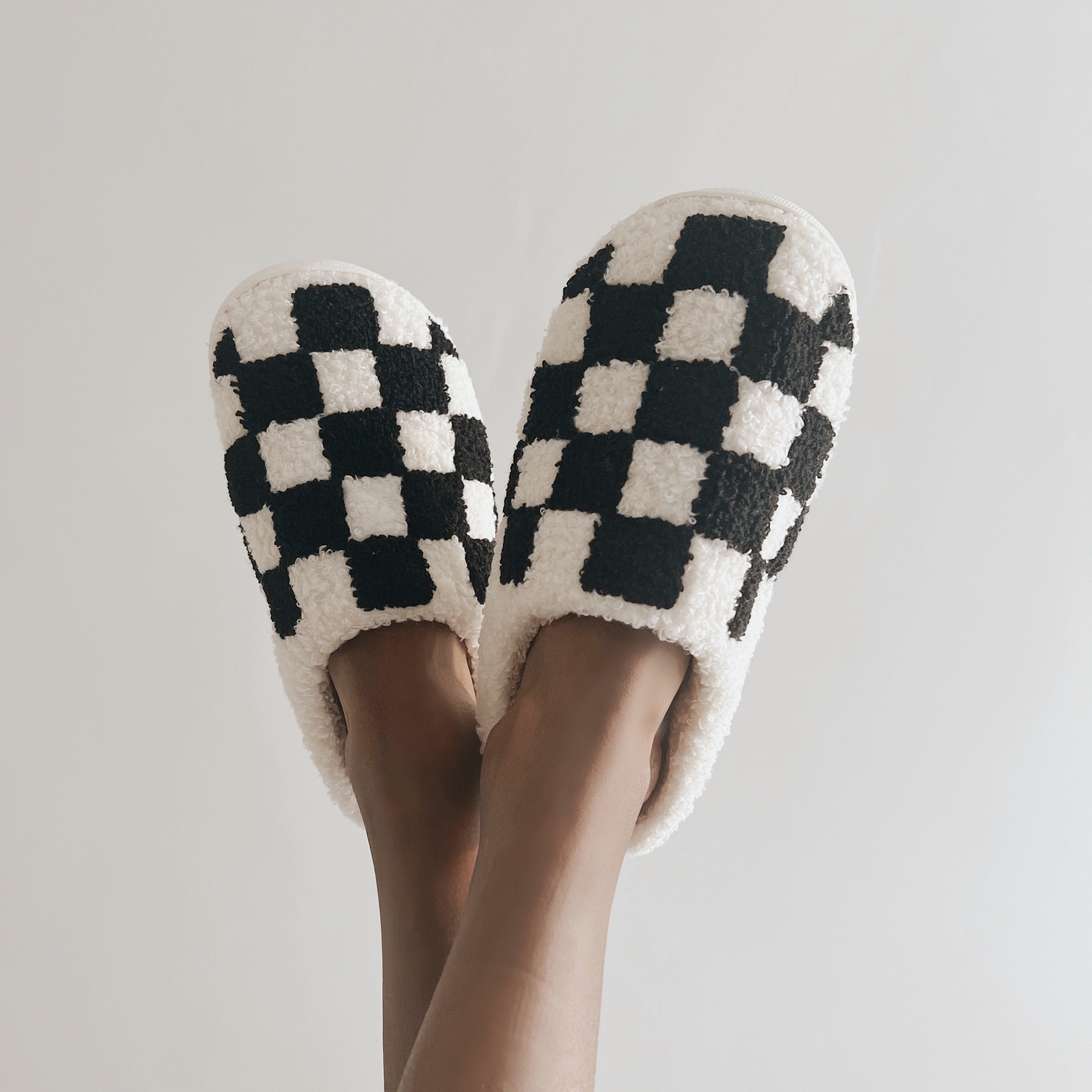 Black Checkered Plush Slippers | Size 9-10