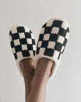 Black Checkered Plush Slippers | Size 9-10 - BOXFOX
