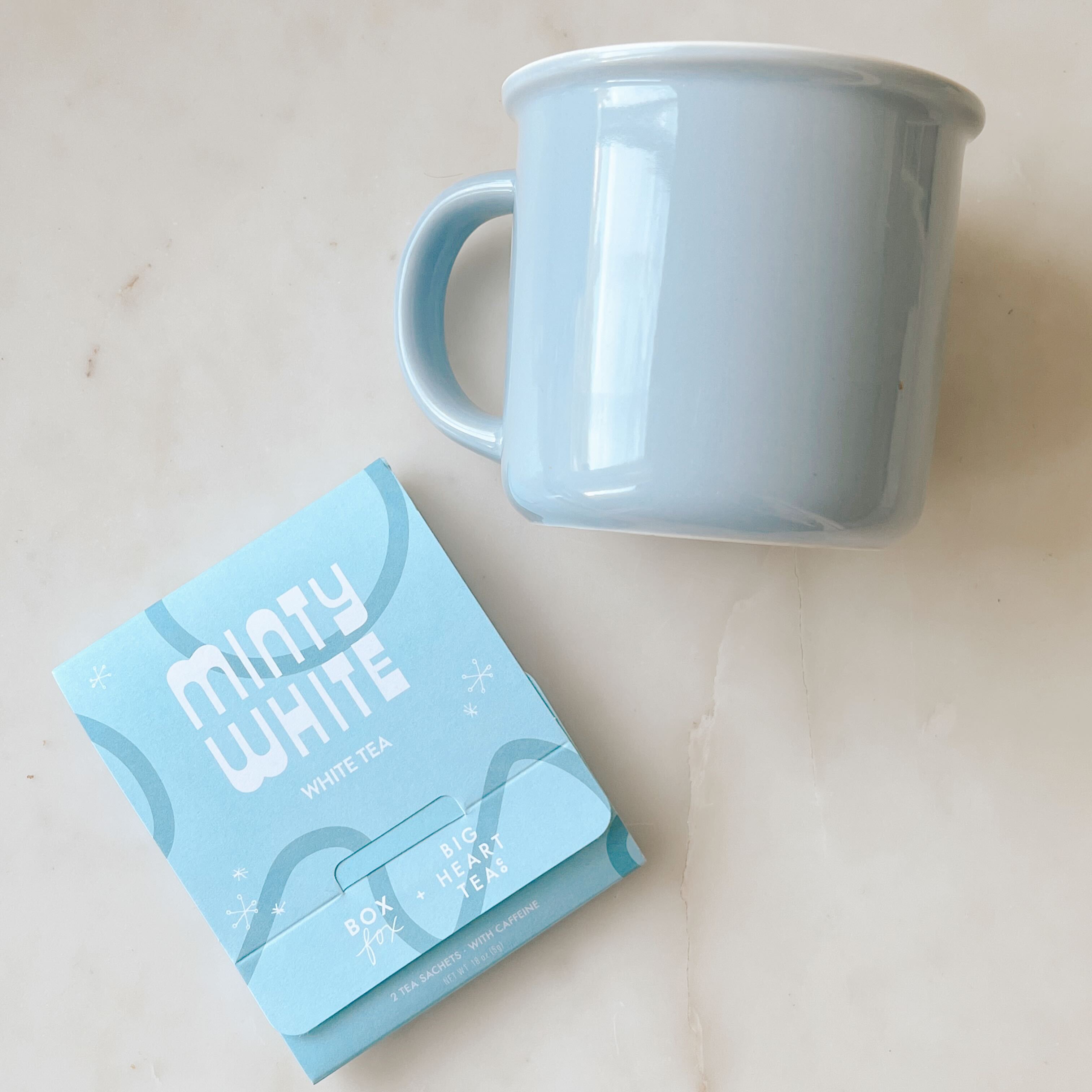 Minty White Tea Sachet with blue mug