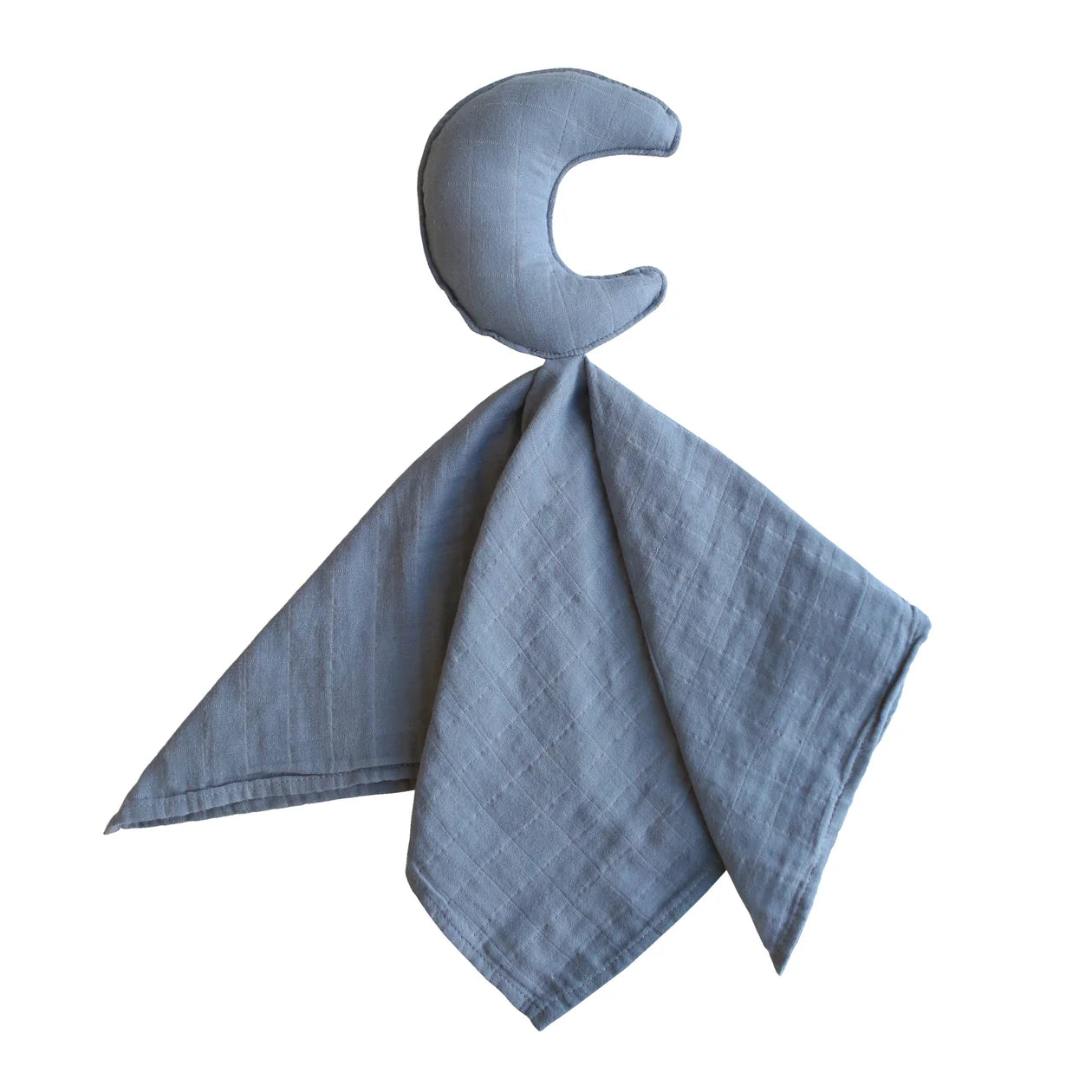 A close-up view of the moon lovey blanket, featuring a plush crescent moon sewn onto a light gray muslin fabric. The blanket has a minimalist, organic design for soothing and comfort purposes.