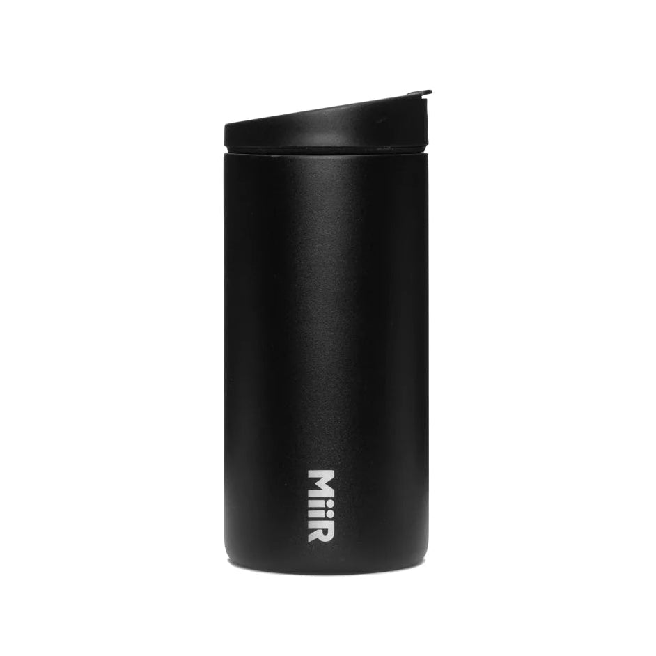 Black insulated mug with 'MIIR' logo on a white background