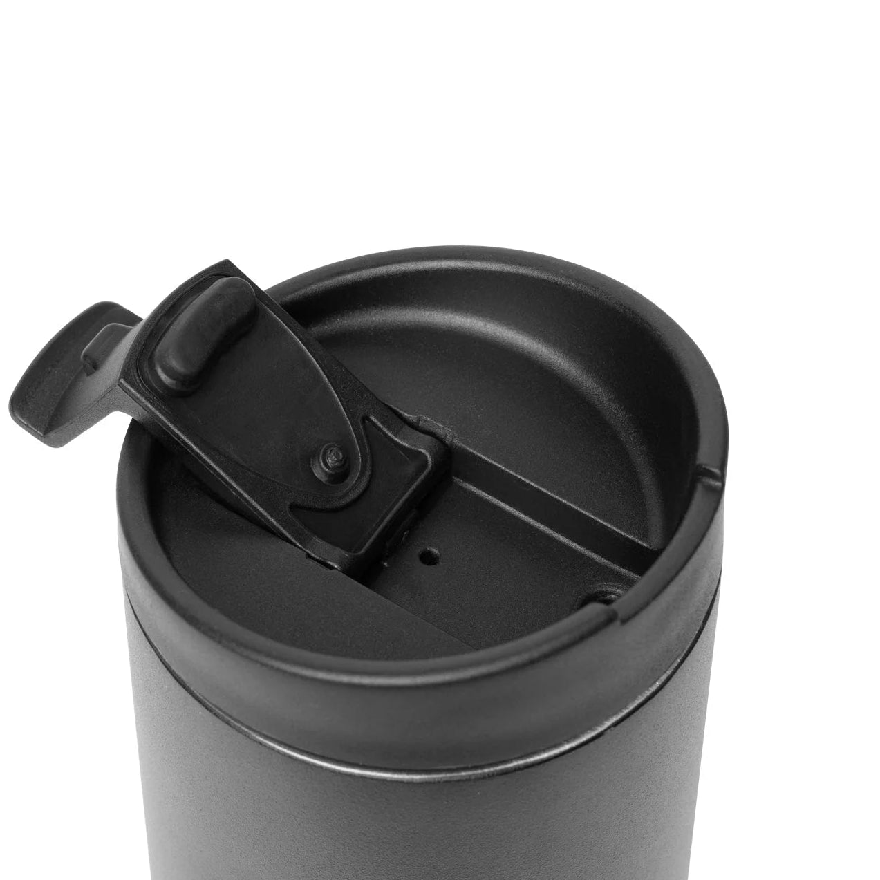 Black travel mug with a lid on a white background