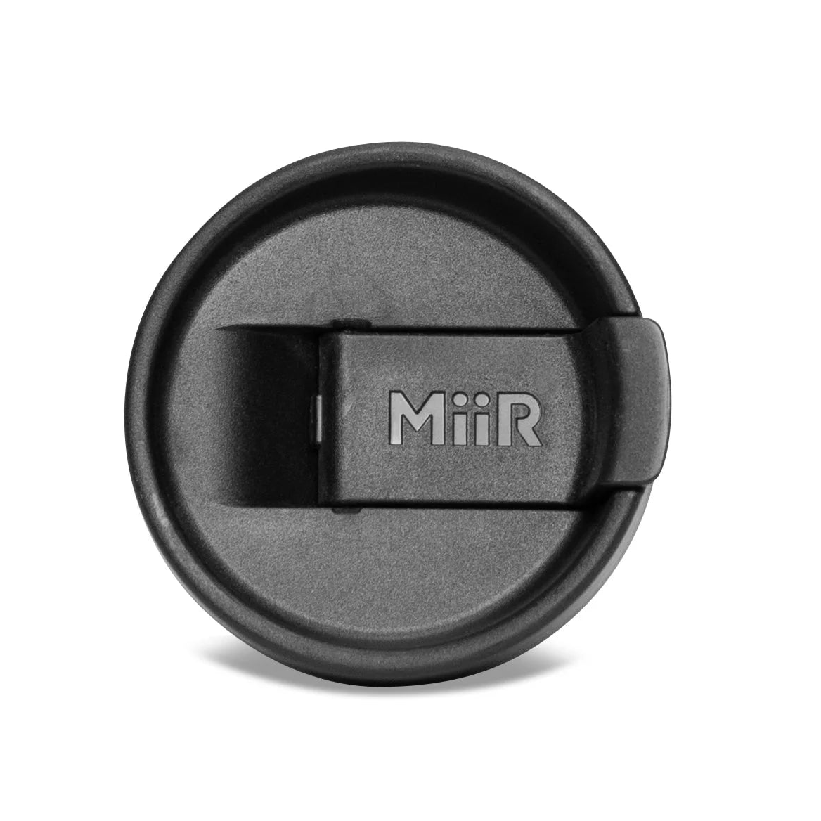 Black MiiR coffee cup lid on a white background