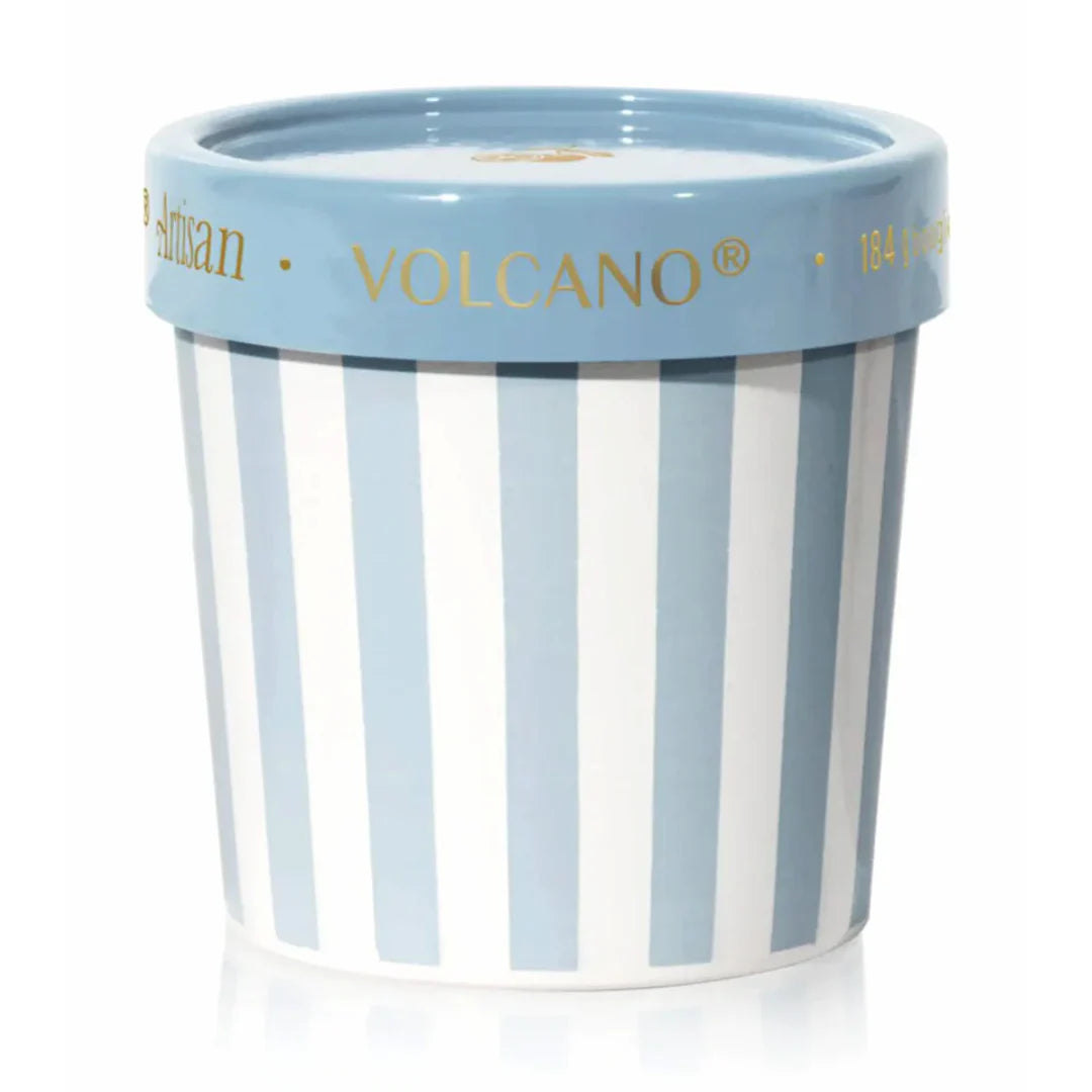 Blue and white striped container with 'Volcano' branding on a white background