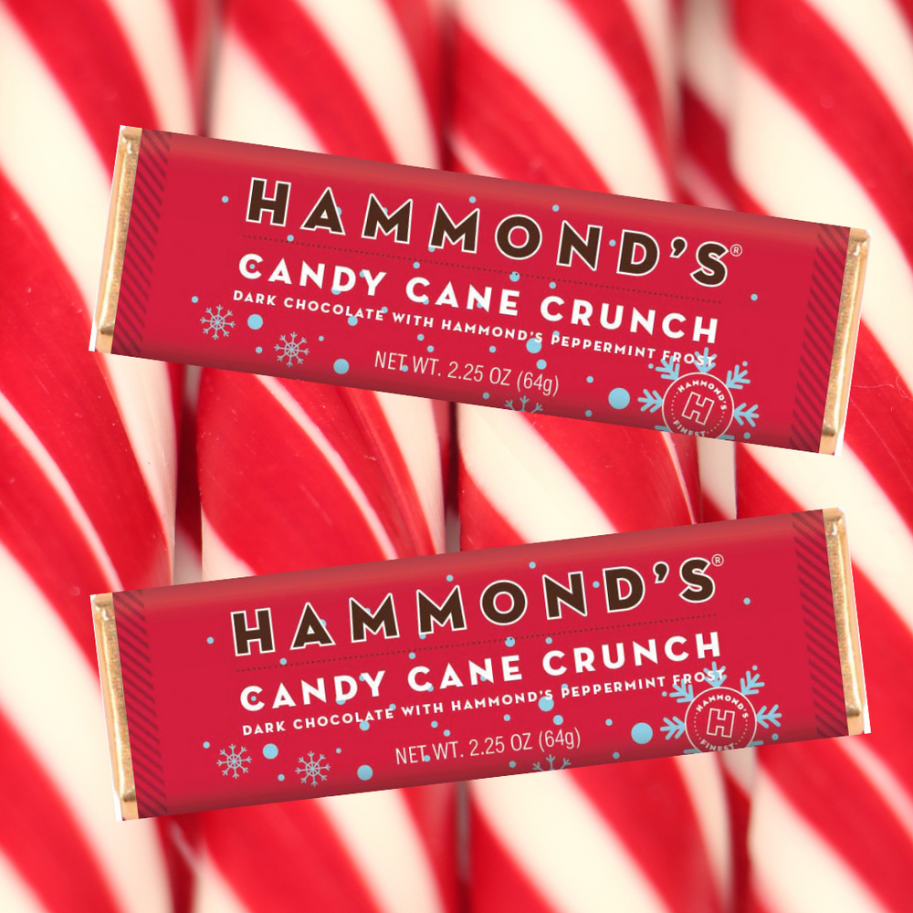 Candy Cane Crunch Chocolate Bar on candy cane background