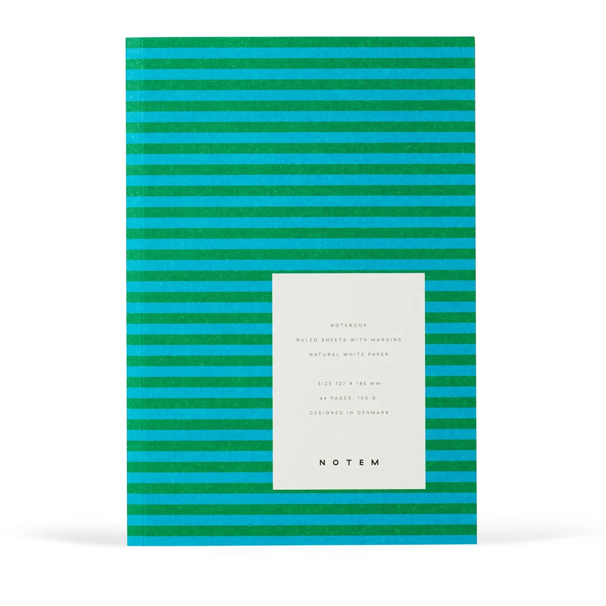 Notebook with green and blue striped cover on a white background