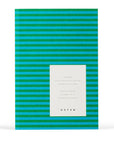 Notebook with green and blue striped cover on a white background