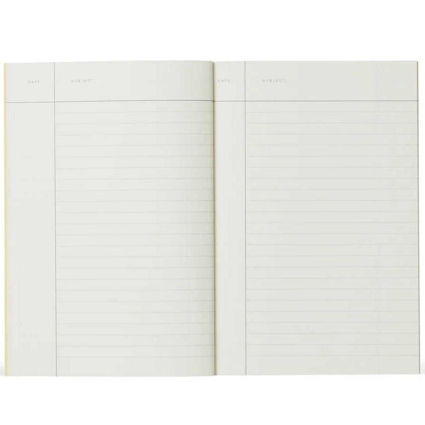 An open lined notebook with cream-colored pages and a light yellow binding, displayed against a clean white background.