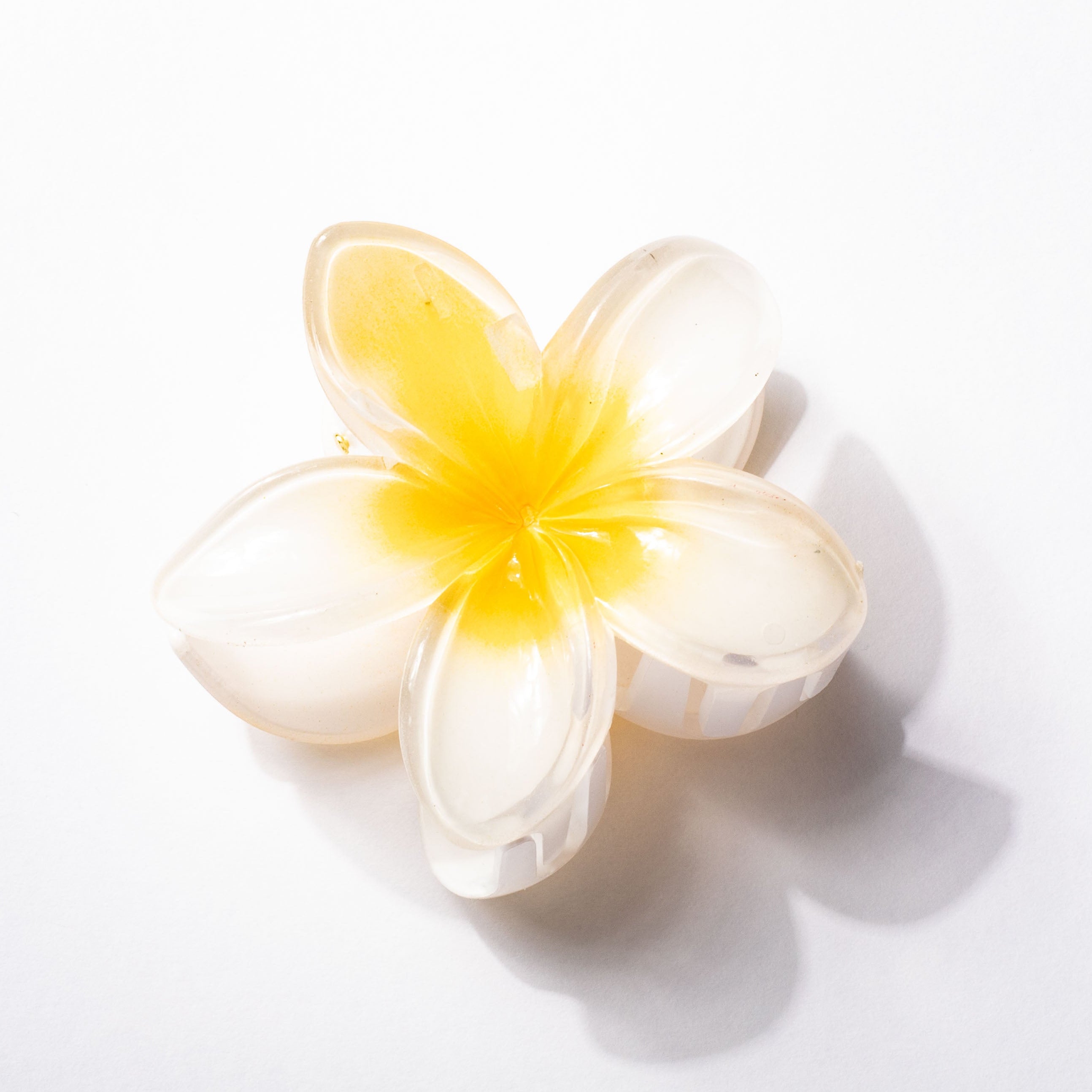 Flower-shaped object with yellow center and white petals on a light gray background