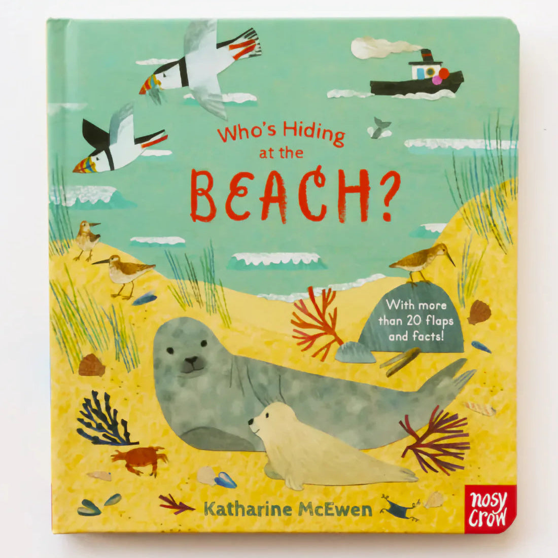 Children's book titled 'Who's Hiding at the Beach?' by Katharine McEwen on a white background