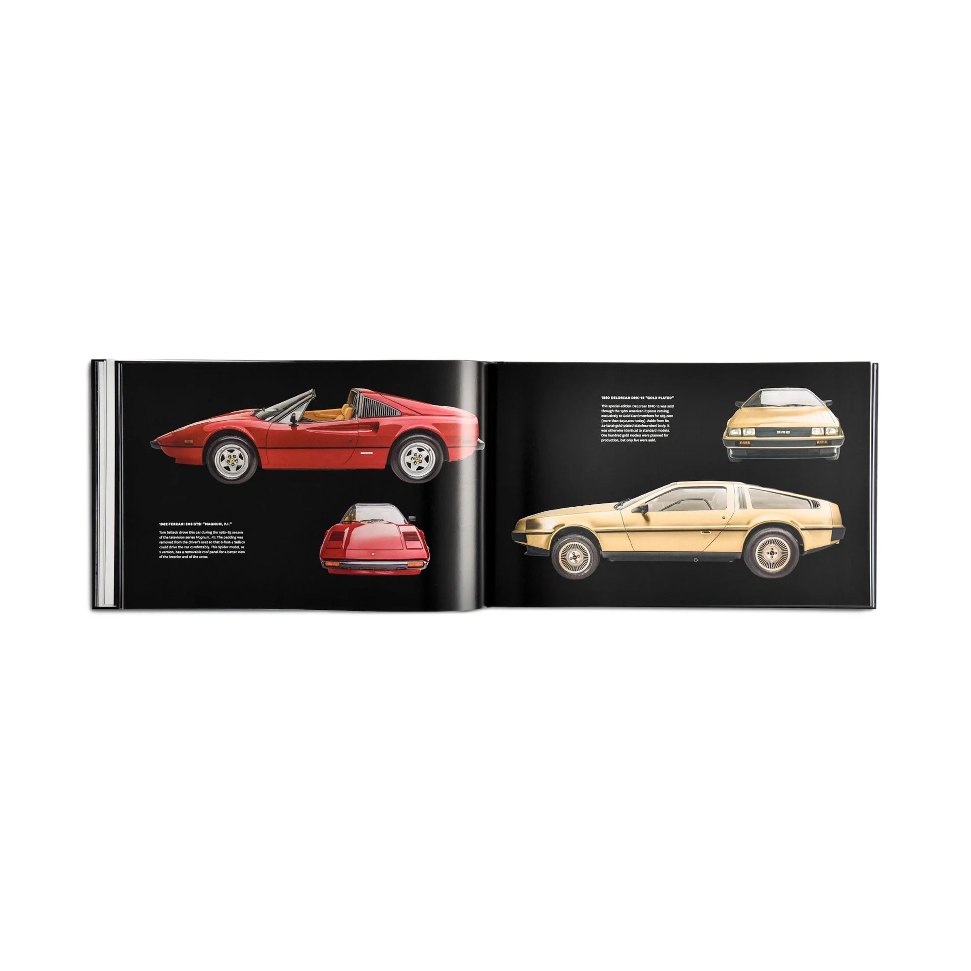 Book open to pages showing illustrations of red and yellow sports cars on a white background