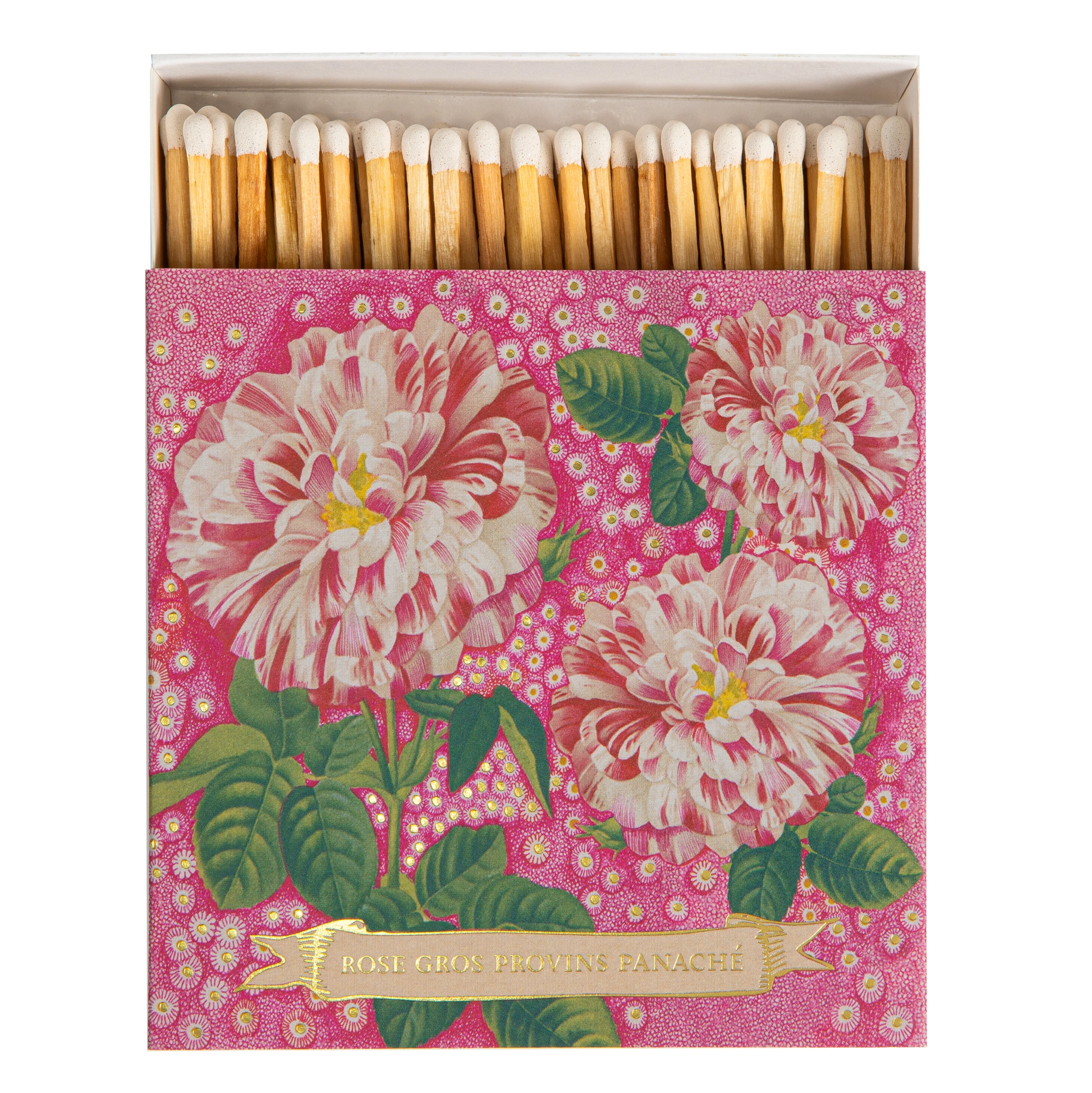 Matchbox with floral design and matches on a white background