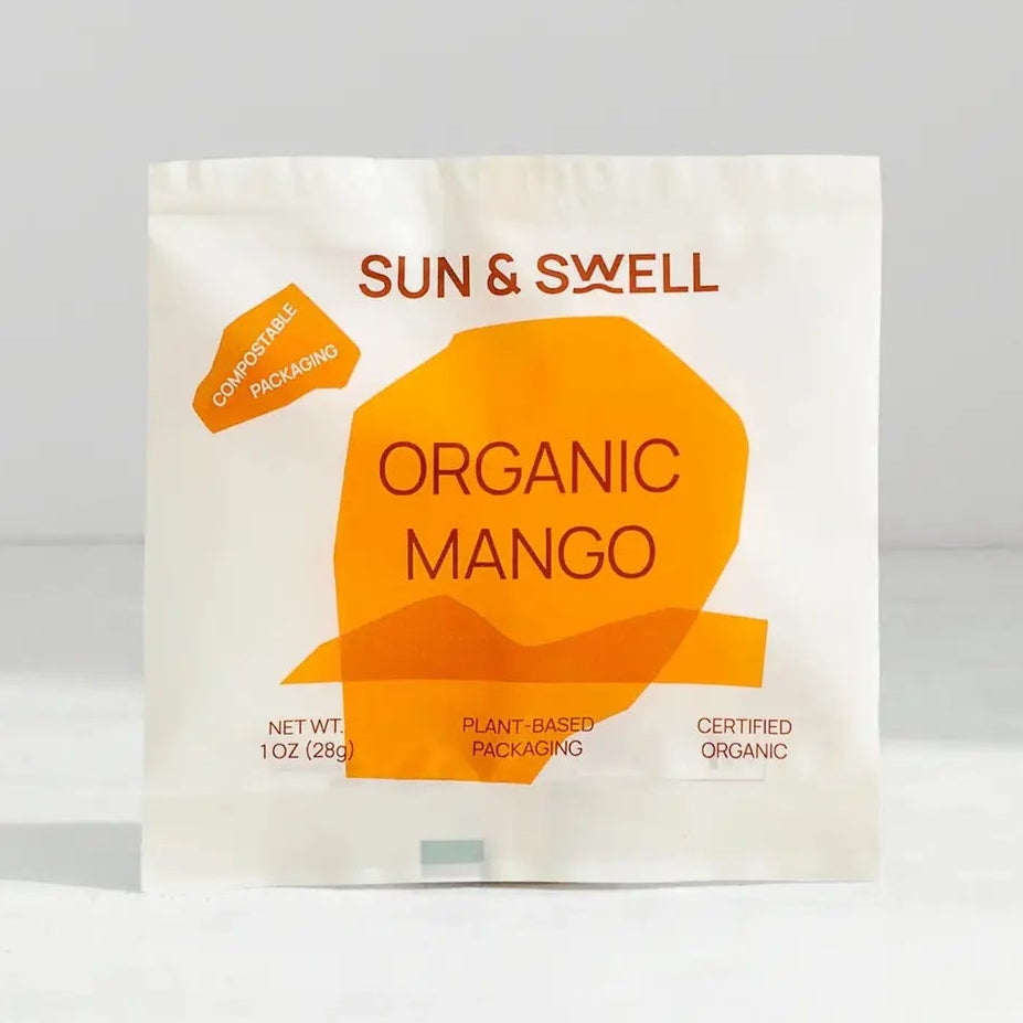 Sun & Swell Organic Mango packaging on a light gray background