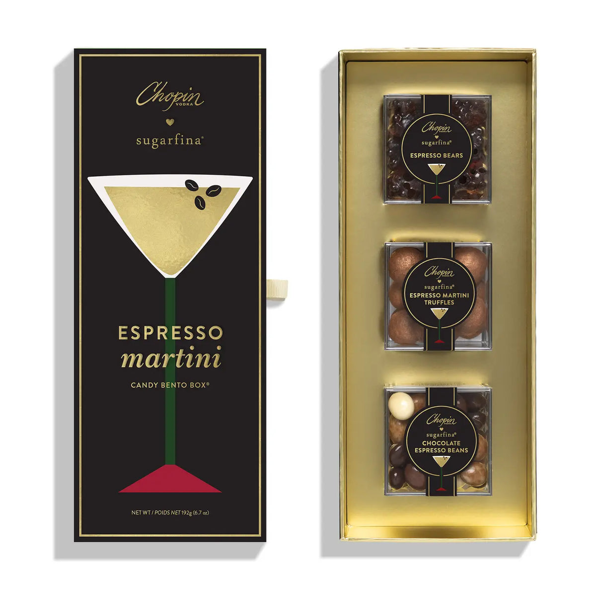 Chopia Sugarfina Espresso Martini Candy Bento Box, shown open to reveal three individually wrapped chocolate boxes inside a gold tray, next to its black and gold outer packaging.