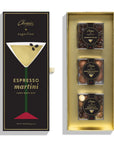 Chopia Sugarfina Espresso Martini Candy Bento Box, shown open to reveal three individually wrapped chocolate boxes inside a gold tray, next to its black and gold outer packaging.