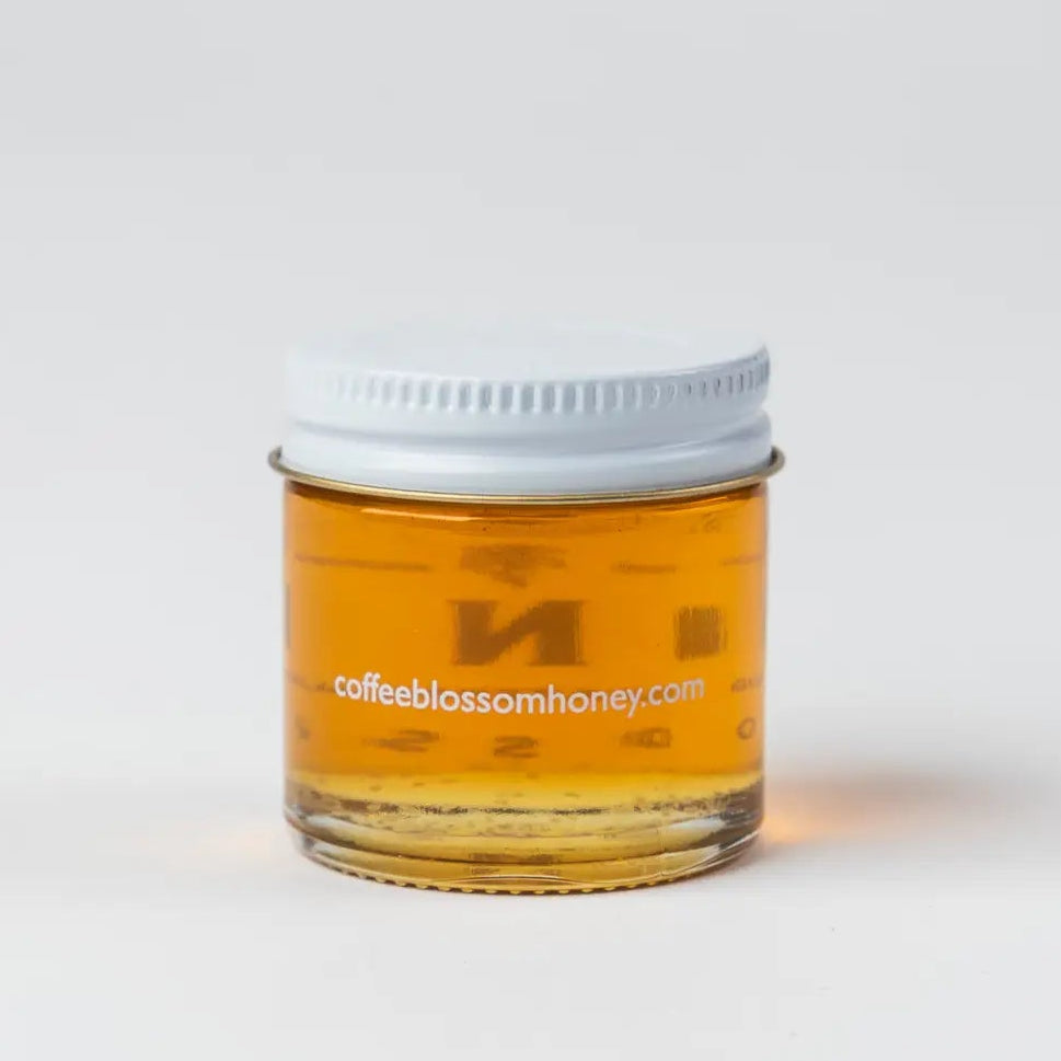 Jar of honey with a white lid on a light gray background