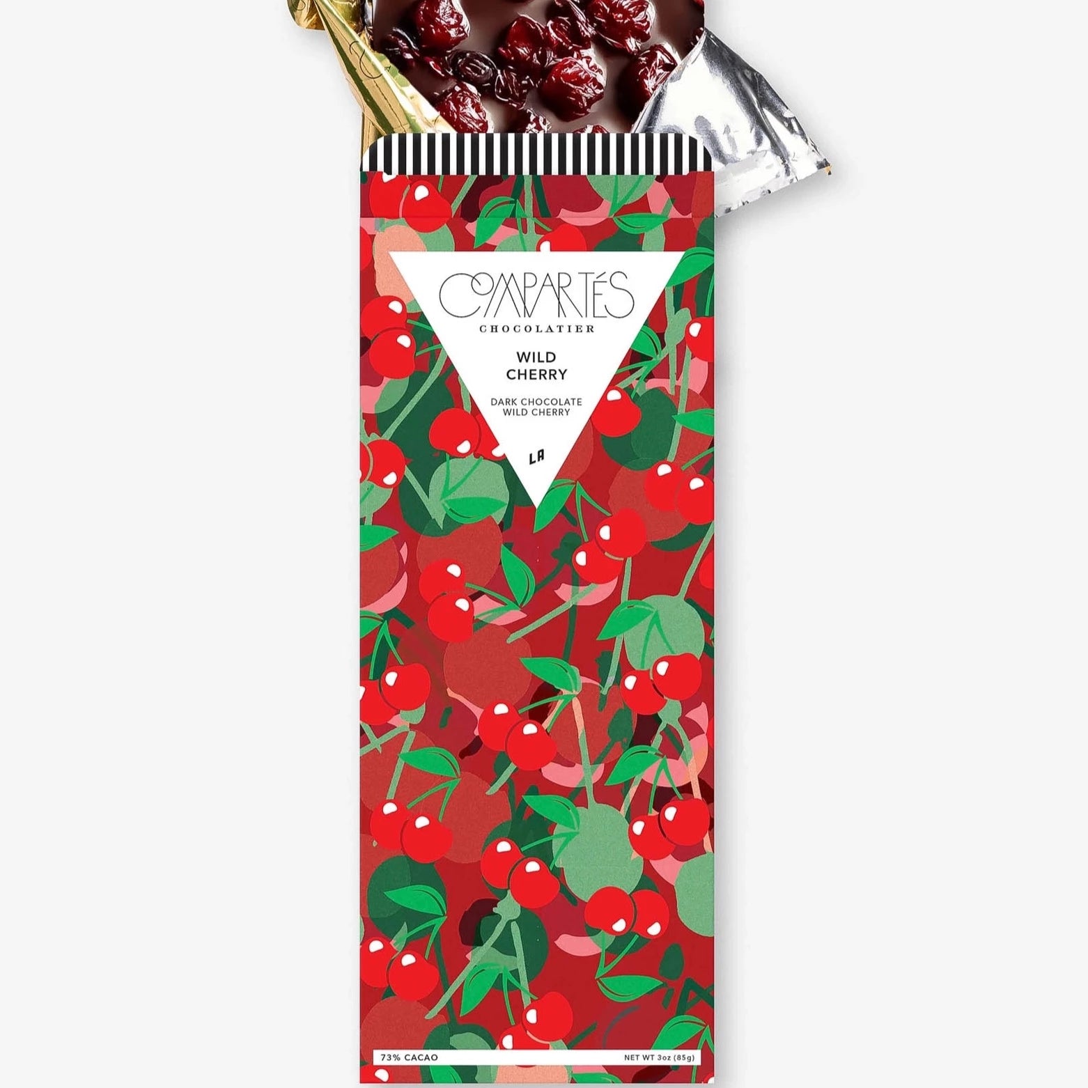 chocolate bar with outside packaging having red cherry graphics printed all over it. cherries are red with green stems