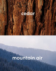Close-up of a cedar tree trunk with 'cedar' text above and a mountain landscape with 'mountain air' text below.