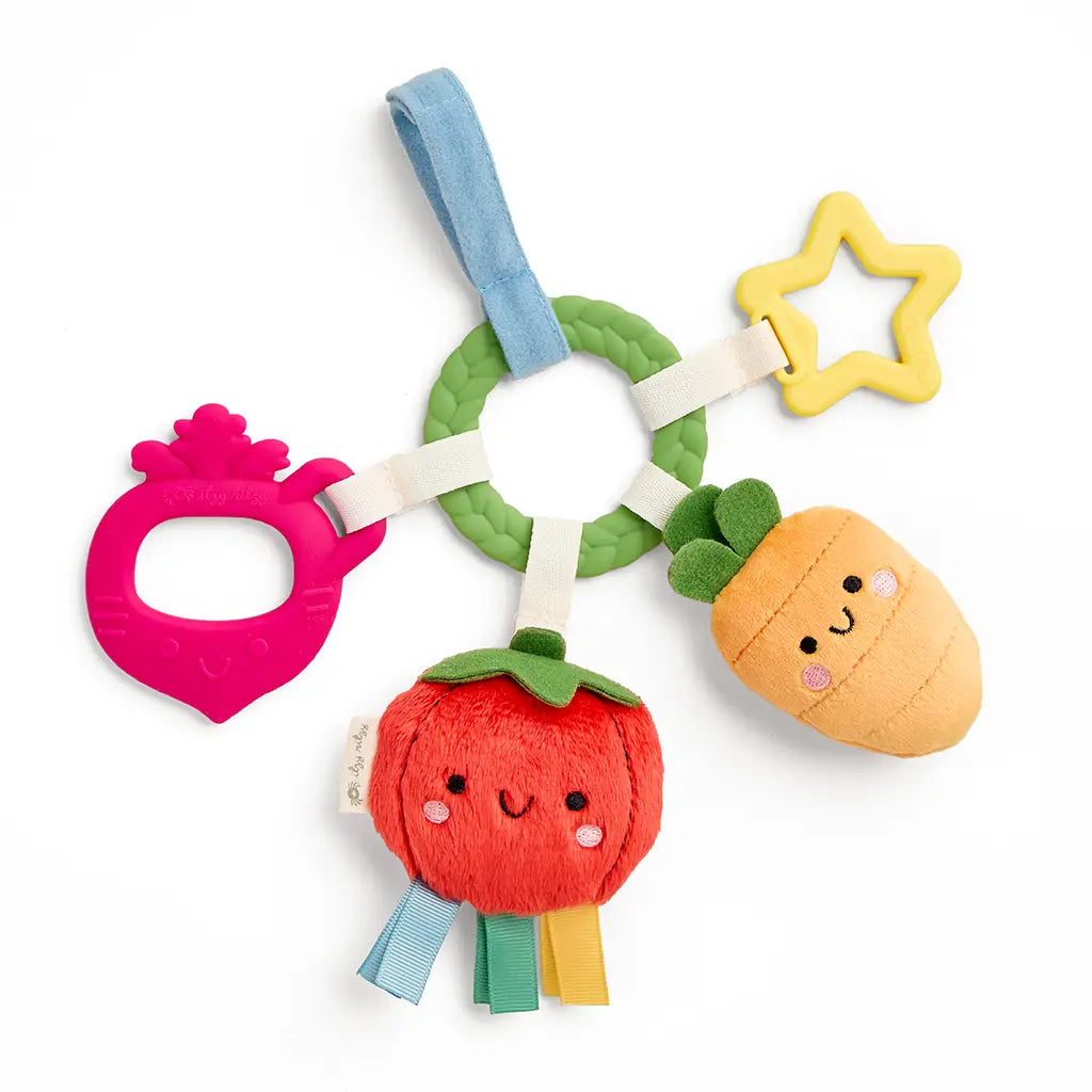 Colorful baby teething ring with fruit-shaped toys on a white background