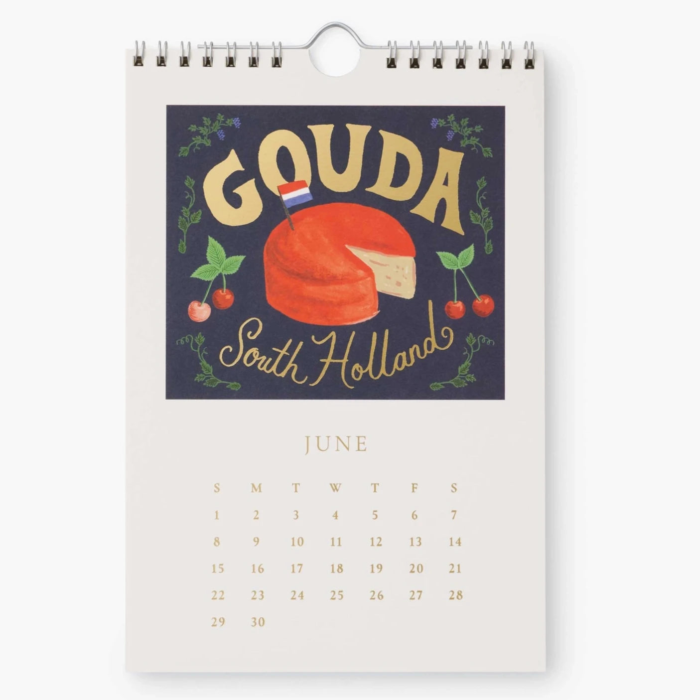 June page of the 2025 Cheese Calendar featuring Gouda cheese from South Holland. The page includes an illustration of a cheese wheel with a Dutch flag and floral decorations on a dark background