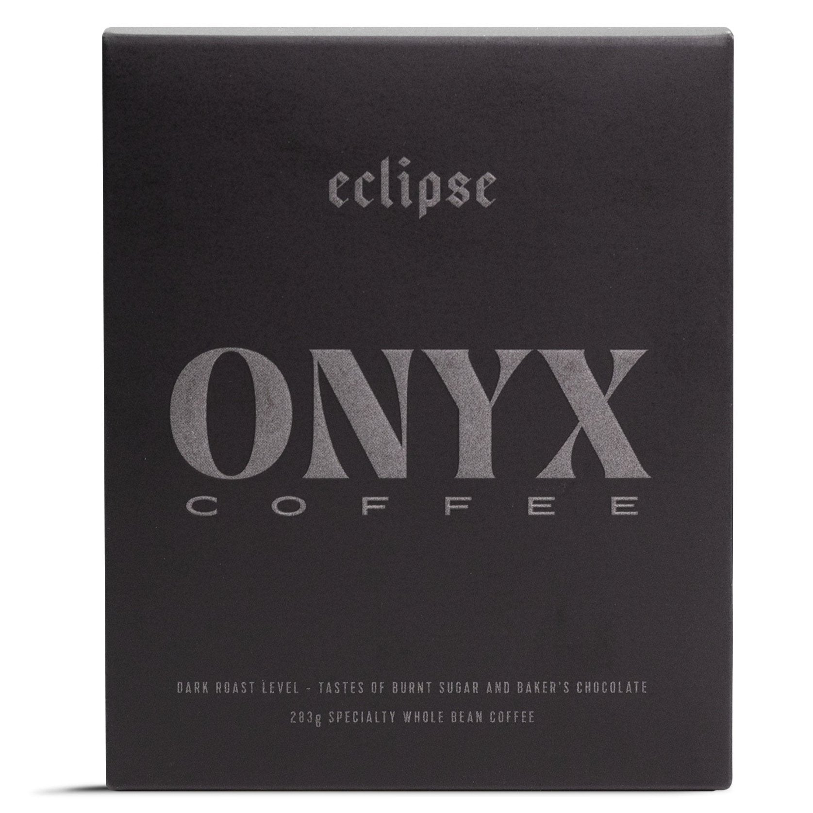 black onyx eclipse coffee packaging with embossed silver print