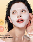 Biodance collagen mask on a woman's face on a yellow background