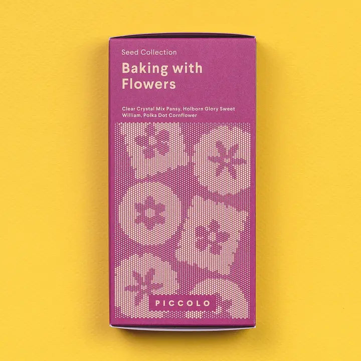 Purple packaging of 'Baking with Flowers' seed collection on a yellow background