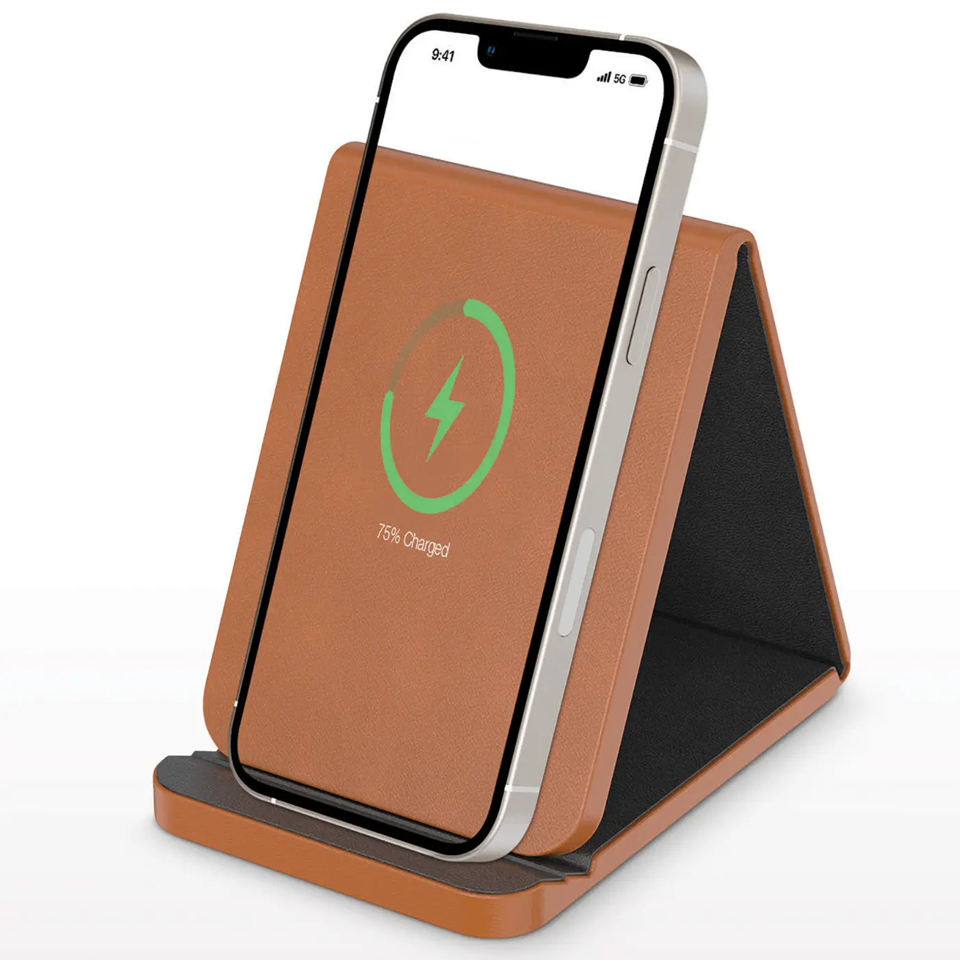 Brown wireless charging stand with smartphone displaying charging progress on a white background