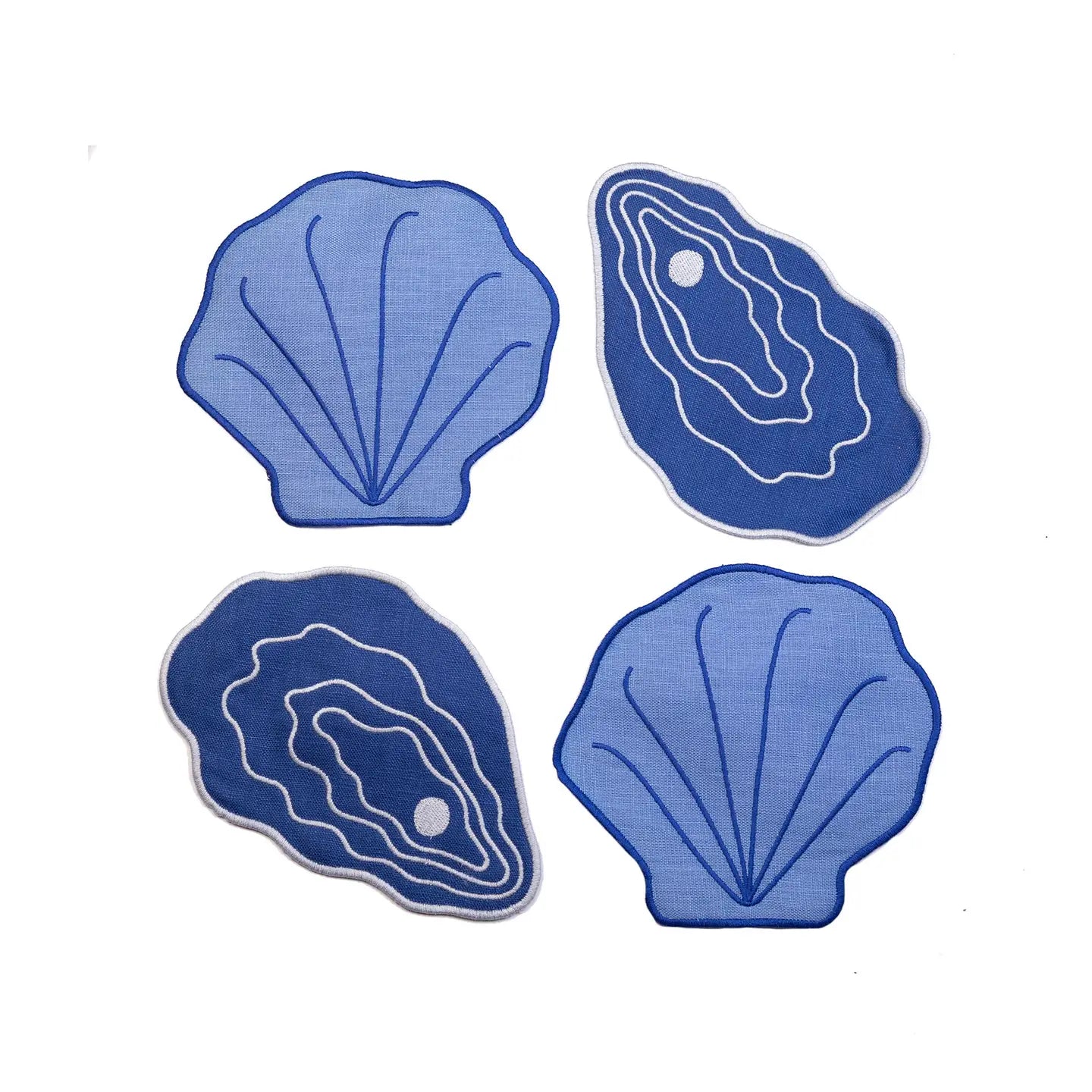 Four blue shell-shaped patches on a white background