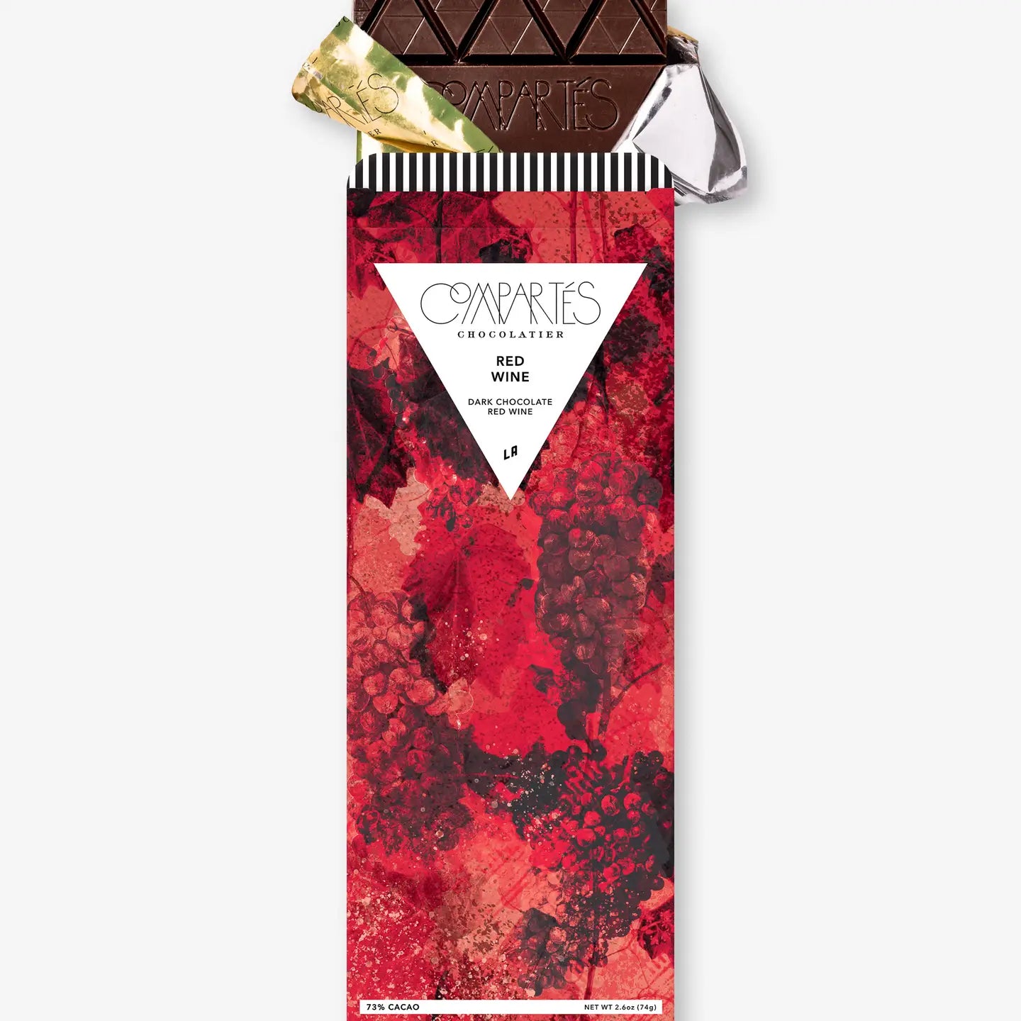 red and black designed chocolate bar cover that says red wine 