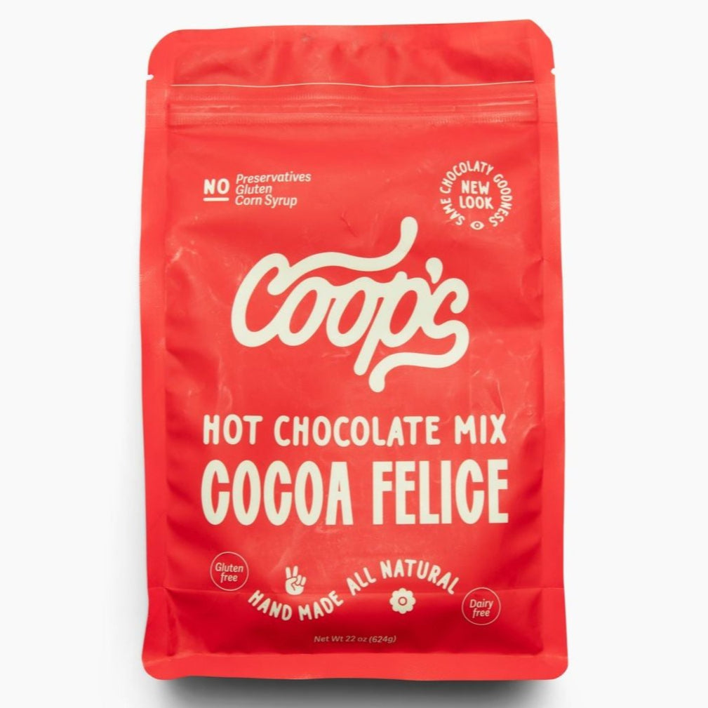 Red bag of hot chocolate mi with white letters