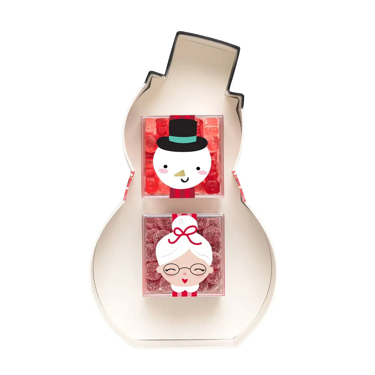 A snowman-shaped container or box with two clear front windows showing red candies inside, decorated with cartoon snowman and snow woman faces, on a plain white background.