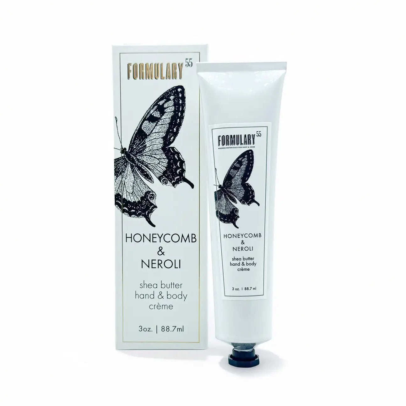 Shea butter hand and body crème with packaging featuring a butterfly design on a white background