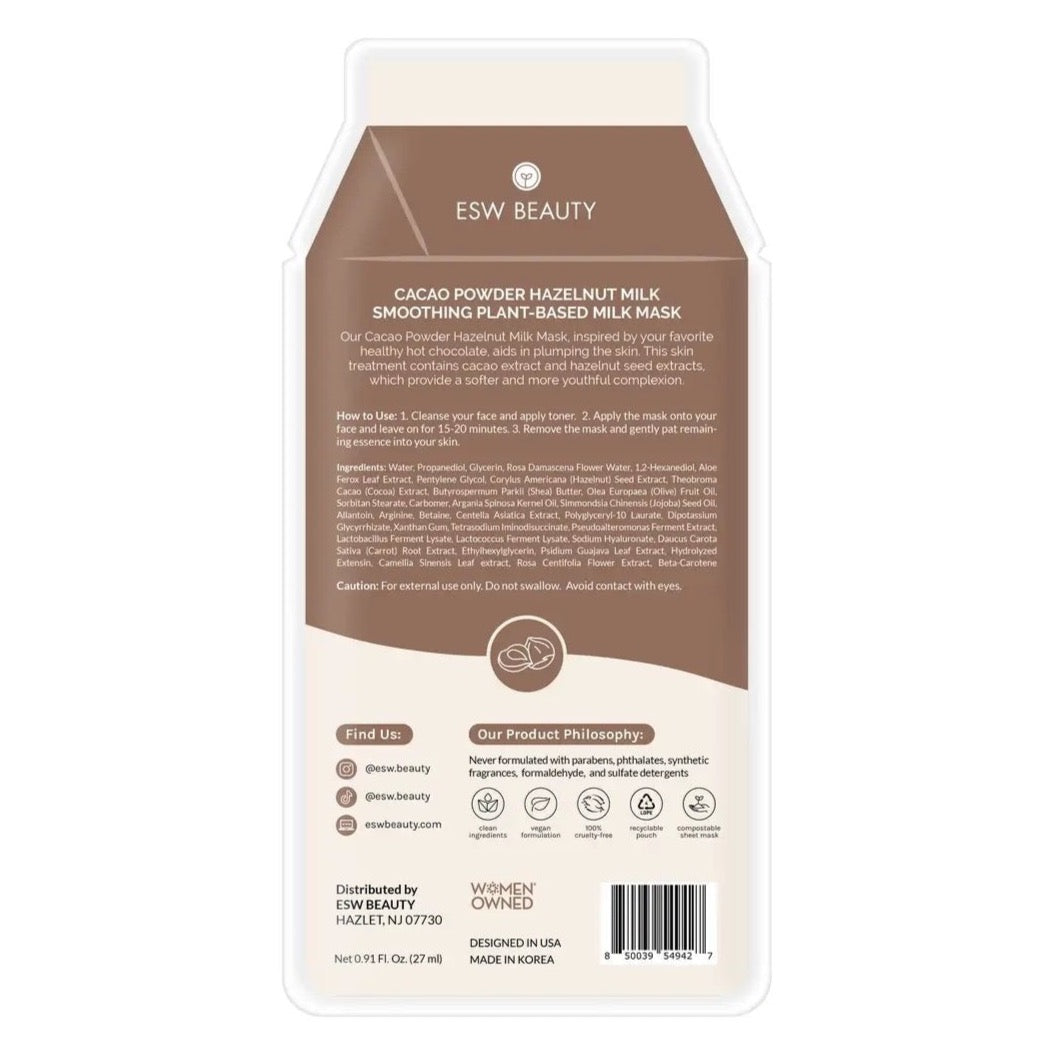 Back packaging of the Cacao Powder Hazelnut Milk Smoothing Plant-Based Milk Mask