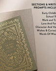 Book with decorative cover on a textured surface, with text about sections and writing prompts.