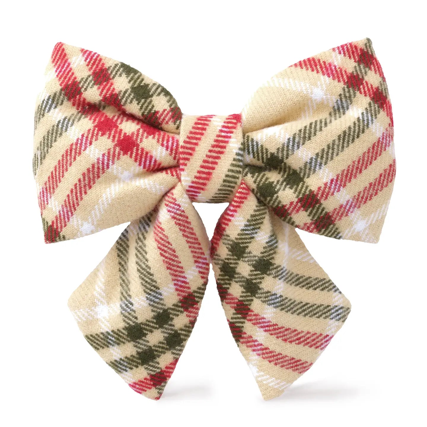 front of beige red and green dog bow