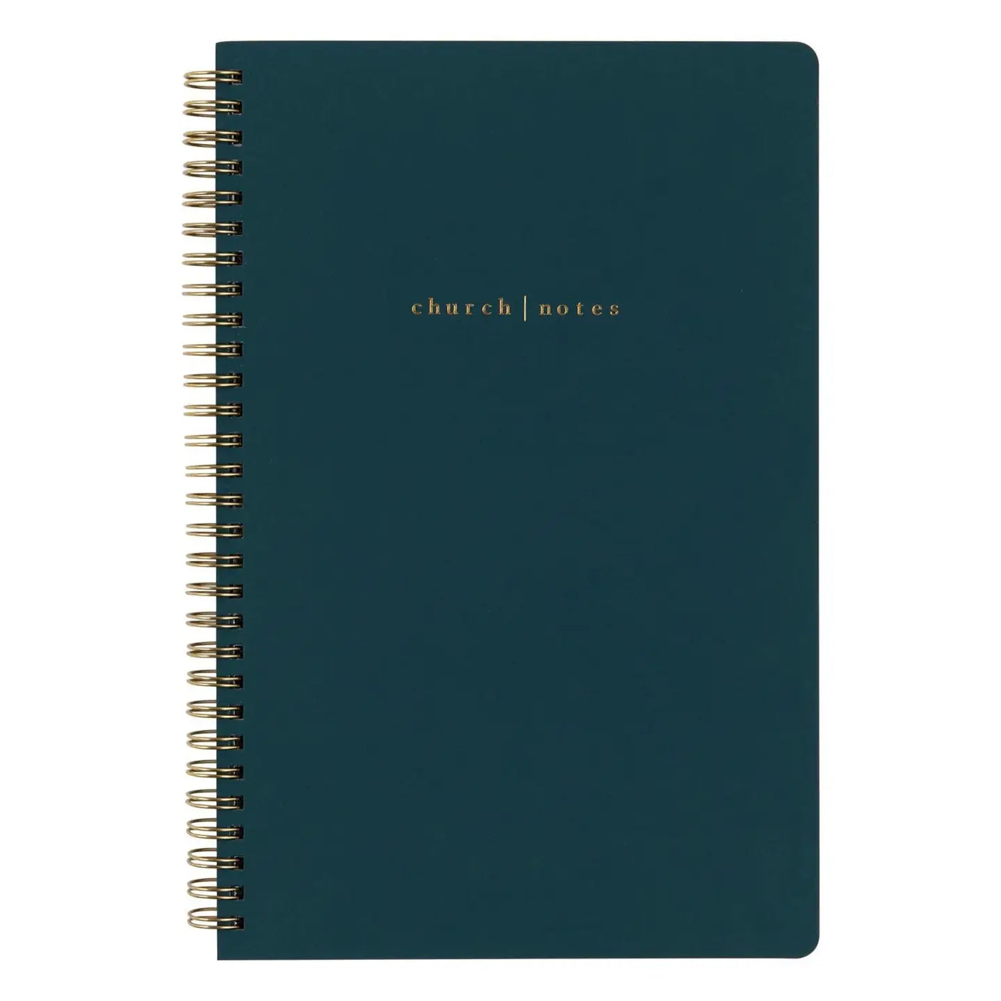 Green notebook with 'church notes' text on a white background