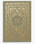 sage green journal with gold embroidery that says 'Mom's Story' on the cover