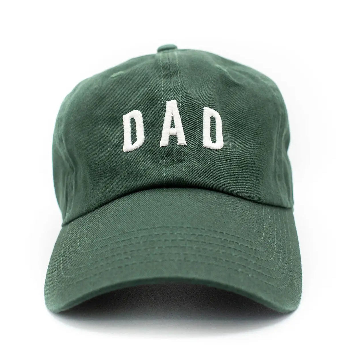 Green cap with 'DAD' embroidered on it against a white background