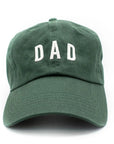 Green cap with 'DAD' embroidered on it against a white background