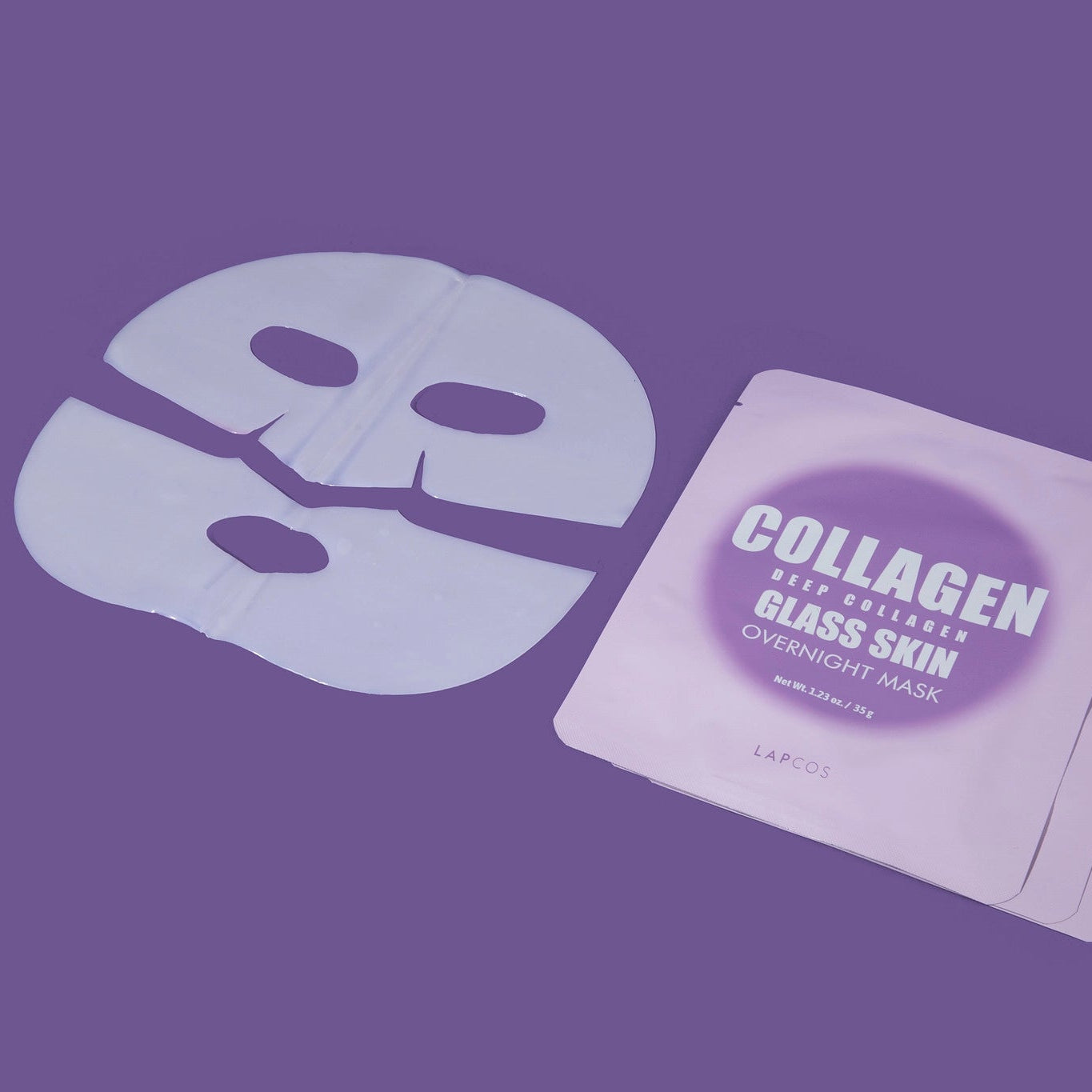 Collagen sheet mask packaging on a purple background