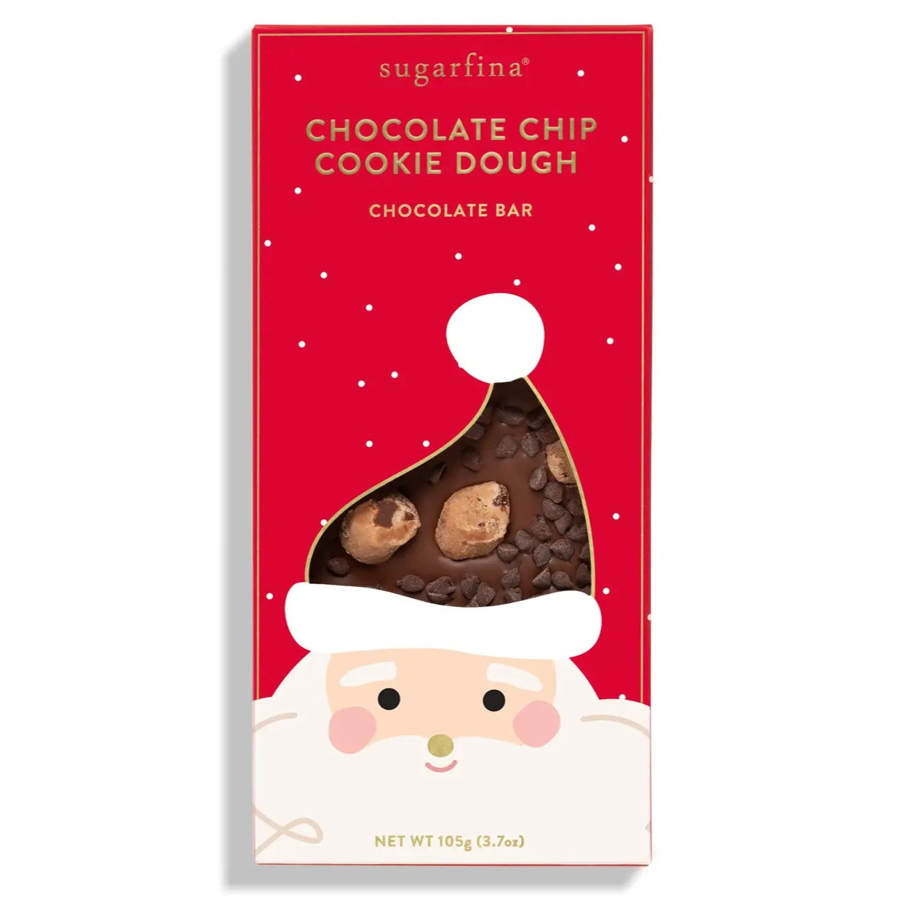 sugarfina chocolate chip cookie dough chocolate bar packaging with Santa face design
