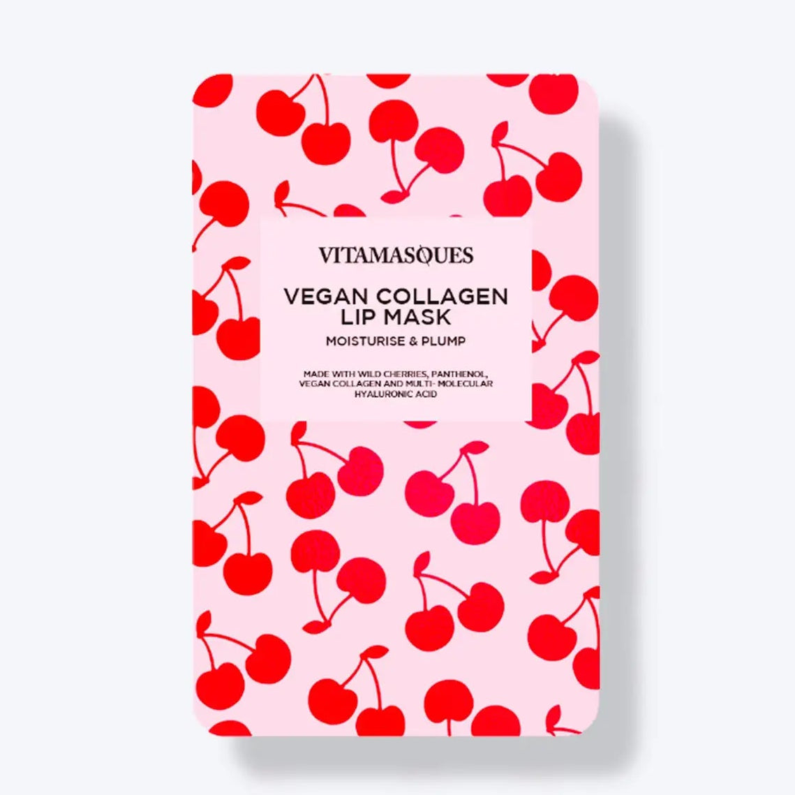 Vitamasques Vegan Collagen Lip Mask packaging with cherry design on a pink background