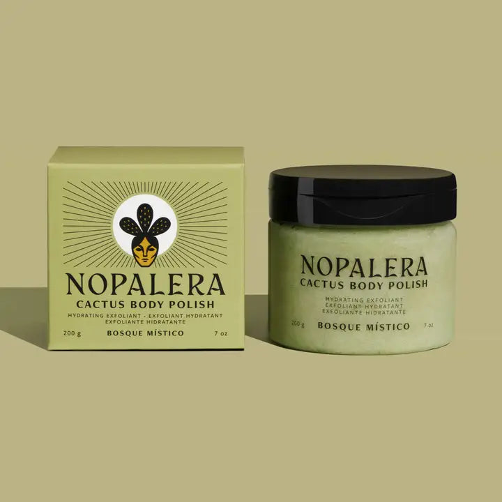Nopalera Cactus Body Polish shown with its matching light olive-green box and a frosted jar with a black lid, on a solid beige background.