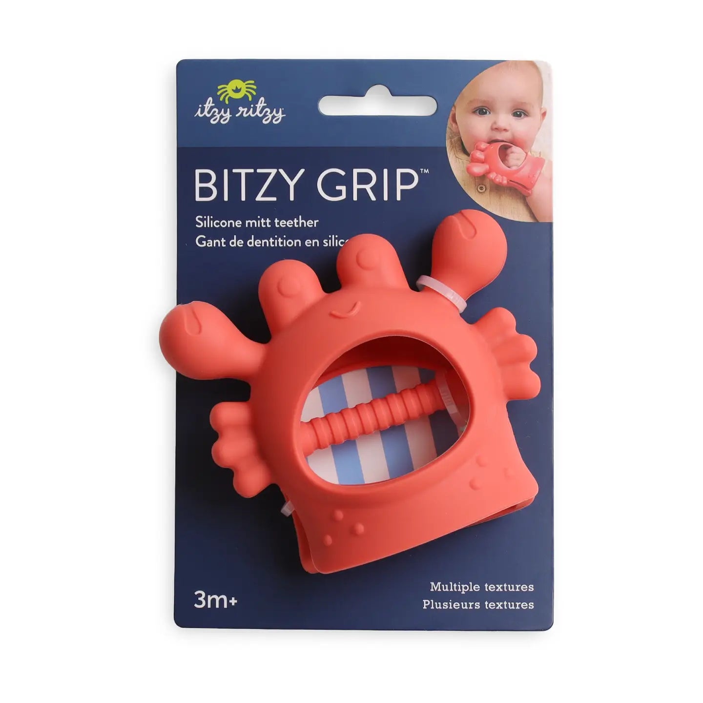 Red silicone teether with packaging displaying 'itzy ritzy' brand and product name.