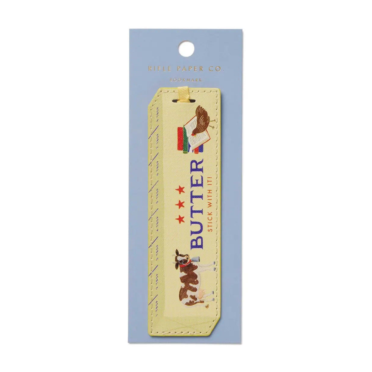Butterfly-themed bookmark on a blue card with a white background