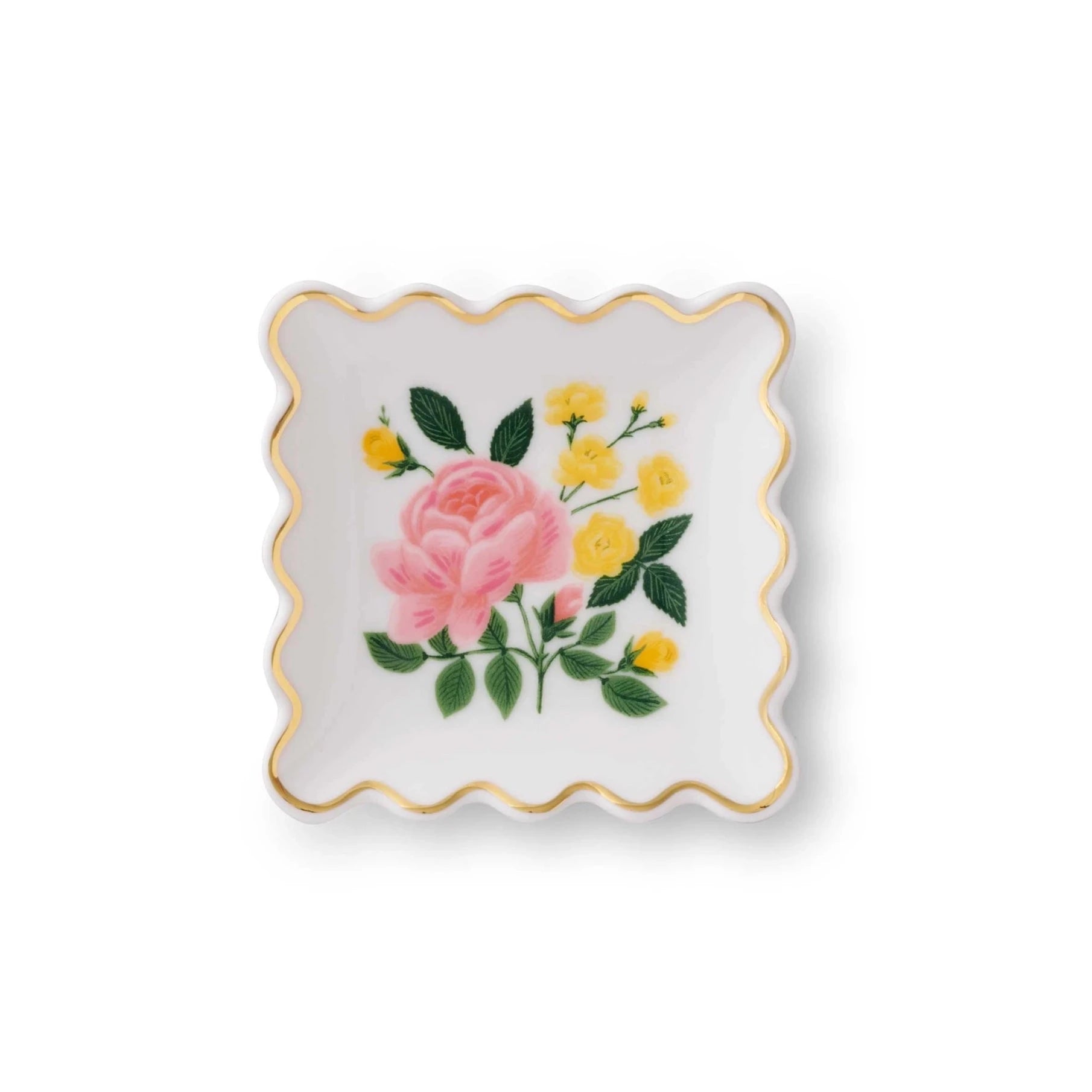 white rectangular ring dish with scalloped edges. in the center is a rose 